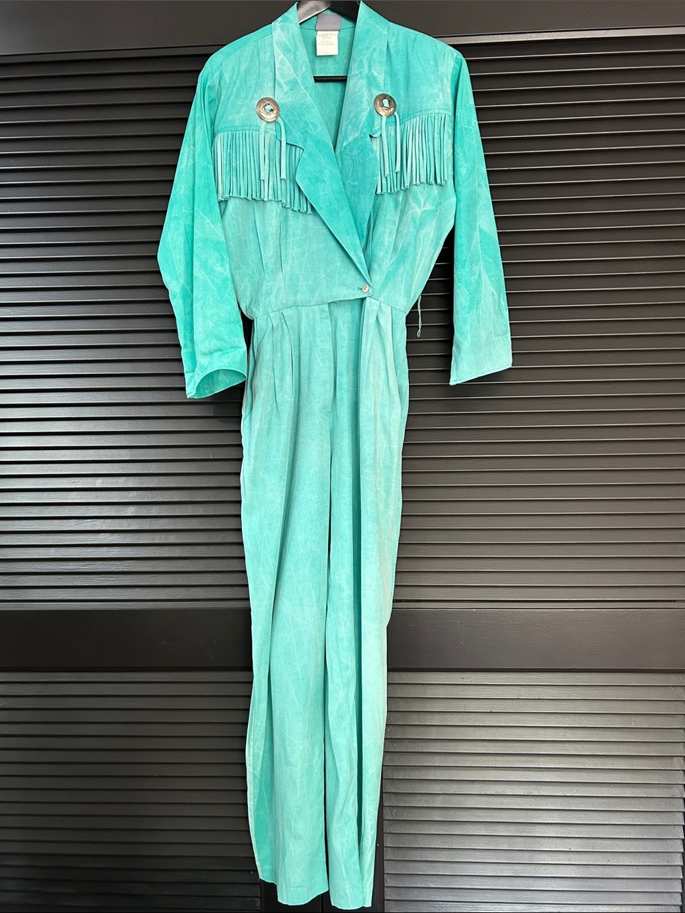 Vintage 80s Rabbit Rabbit Rabbit Turquoise Jumpsuit with Fringe & Conchos, Small - Picture 2 of 16